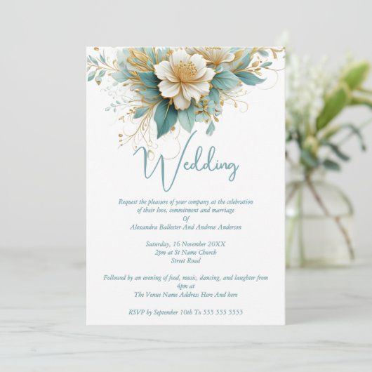 Elegante bruiloft Blauw Groen Witte Bloemen Kaart (Staand voorkant)