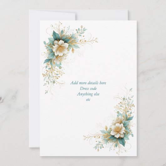 Elegante bruiloft Blauw Groen Witte Bloemen Kaart (Achterkant)