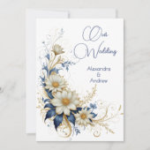 Elegante bruiloft Blauw Wit Gouden Bloemen Kaart (Voorkant)