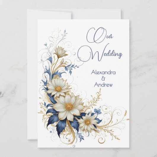 Elegante bruiloft Blauw Wit Gouden Bloemen Kaart (Voorkant)