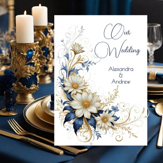 Elegante bruiloft Blauw Wit Gouden Bloemen Kaart