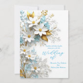 Elegante bruiloft blauw wit kant gouden bloemen kaart (Voorkant)