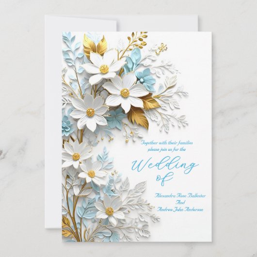 Elegante bruiloft blauw wit kant gouden bloemen kaart (Voorkant)