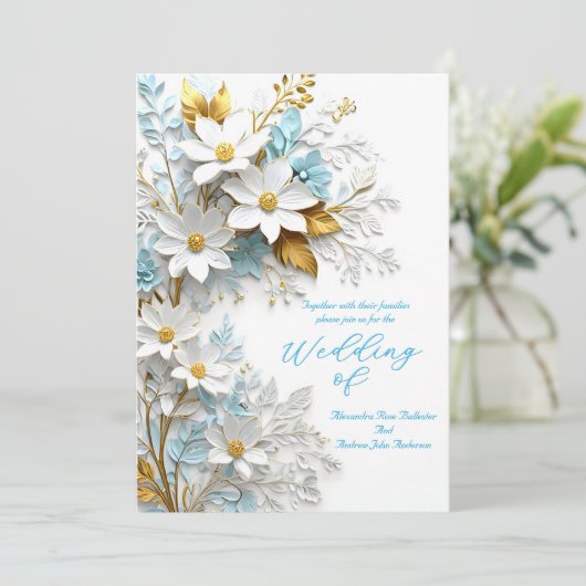 Elegante bruiloft blauw wit kant gouden bloemen kaart (Staand voorkant)