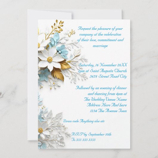 Elegante bruiloft blauw wit kant gouden bloemen kaart (Achterkant)