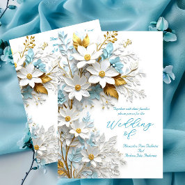 Elegante bruiloft blauw wit kant gouden bloemen kaart
