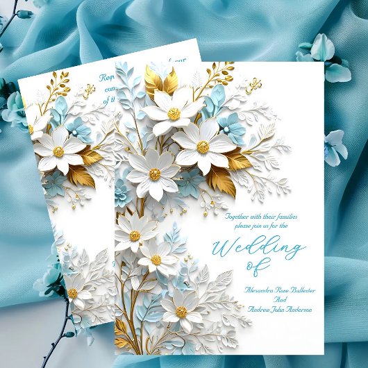 Elegante bruiloft blauw wit kant gouden bloemen kaart