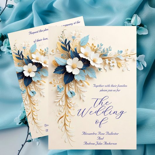 Elegante bruiloft blauw witte crème gouden bloemen kaart