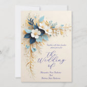 Elegante bruiloft blauw witte crème gouden bloemen kaart (Voorkant)