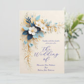 Elegante bruiloft blauw witte crème gouden bloemen kaart (Staand voorkant)