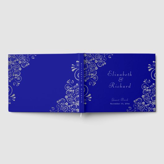Elegante bruiloft Blauw Zilver Grijs Swirls Script Gastenboek (Volledig)