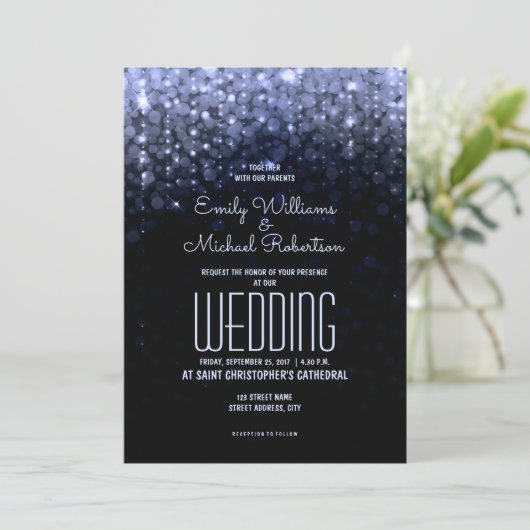 Elegante bruiloft Blauwe lichten bokeh achtergrond Kaart (Staand voorkant)