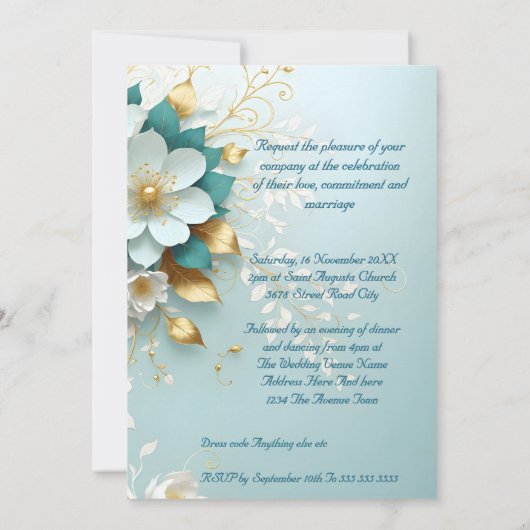 Elegante bruiloft Blauwgroen Blauw Wit Goud Bloeme Kaart (Achterkant)