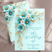 Elegante bruiloft Blauwgroen Blauw Wit Gouden Bloe Kaart