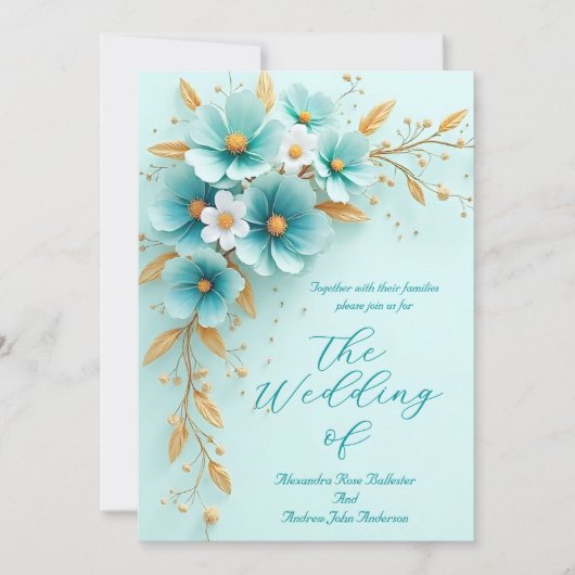 Elegante bruiloft Blauwgroen Blauw Wit Gouden Bloe Kaart (Voorkant)