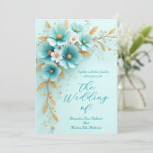 Elegante bruiloft Blauwgroen Blauw Wit Gouden Bloe Kaart (Staand voorkant)