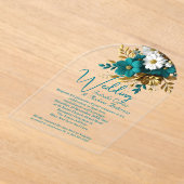 Elegante bruiloft  Blauwgroen wit gouden bloemen Acryl Uitnodigingen (Laagn)