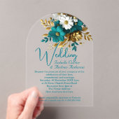 Elegante bruiloft  Blauwgroen wit gouden bloemen Acryl Uitnodigingen (Insitu (Draagbaar))