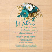 Elegante bruiloft  Blauwgroen wit gouden bloemen Acryl Uitnodigingen (Voorkant)