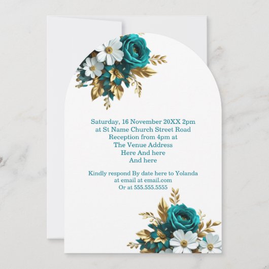 Elegante bruiloft Blauwgroen wit gouden bloemen Kaart (Achterkant)