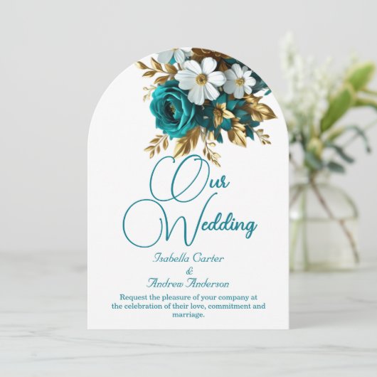 Elegante bruiloft Blauwgroen wit gouden bloemen Kaart (Staand voorkant)