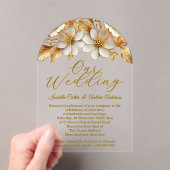 Elegante bruiloft Bloemcrème Gouden Bloemen Acryl Uitnodigingen (Insitu (Draagbaar))