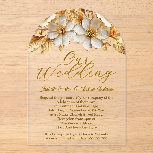 Elegante bruiloft Bloemcrème Gouden Bloemen Acryl Uitnodigingen (Voorkant)