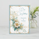 Elegante bruiloft Bloemen Blauw Groen Witte Bloeme Kaart (Staand voorkant)