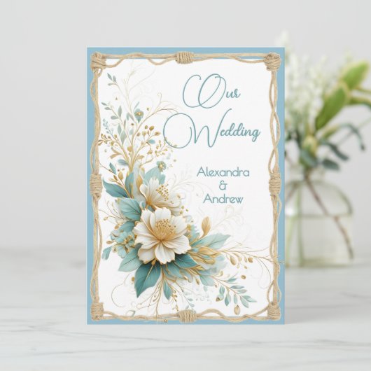 Elegante bruiloft Bloemen Blauw Groen Witte Bloeme Kaart (Staand voorkant)