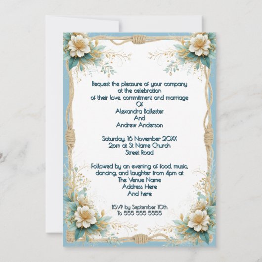 Elegante bruiloft Bloemen Blauw Groen Witte Bloeme Kaart (Achterkant)