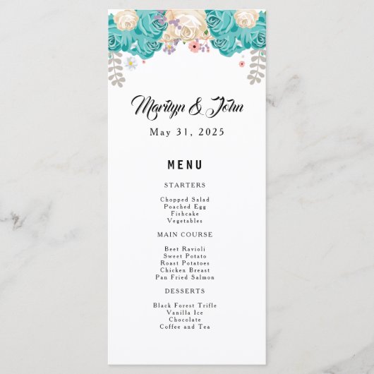 Elegante bruiloft Bloemen Blauw Witte Bloemen Menu (Voorkant)