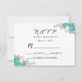 Elegante bruiloft Bloemen Blauw Witte Bloemen RSVP Kaartje