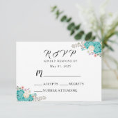 Elegante bruiloft Bloemen Blauw Witte Bloemen RSVP Kaartje (Staand voorkant)