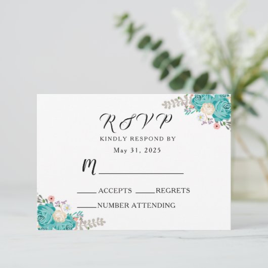 Elegante bruiloft Bloemen Blauw Witte Bloemen RSVP Kaartje (Staand voorkant)