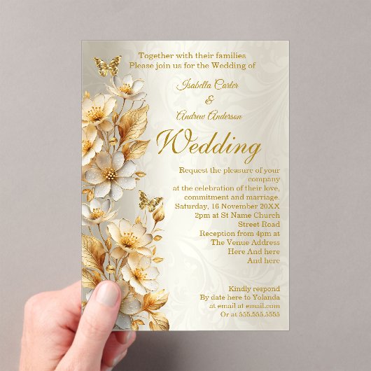 Elegante bruiloft Bloemen Crème Gouden Vlinders Acryl Uitnodigingen (Insitu (Draagbaar))