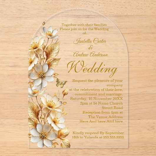 Elegante bruiloft Bloemen Wit Gouden Vlinders Acryl Uitnodigingen (Voorkant)