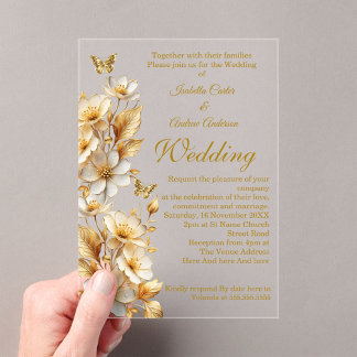 Elegante bruiloft Bloemen Wit Gouden Vlinders Acryl Uitnodigingen