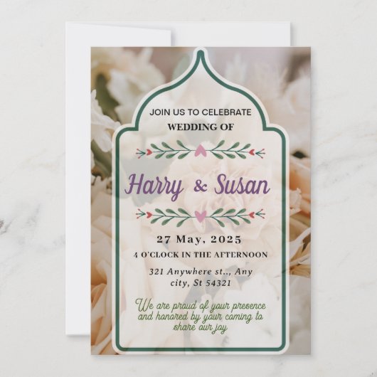 Elegante bruiloft, bloemenboeket, groen lijst kaart (Voorkant)