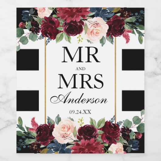 Elegante bruiloft bloemenbordeaux blauw gestreept wijn etiket (Enkel label)