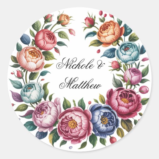 Elegante bruiloft bloemenkrans ronde sticker (Voorkant)