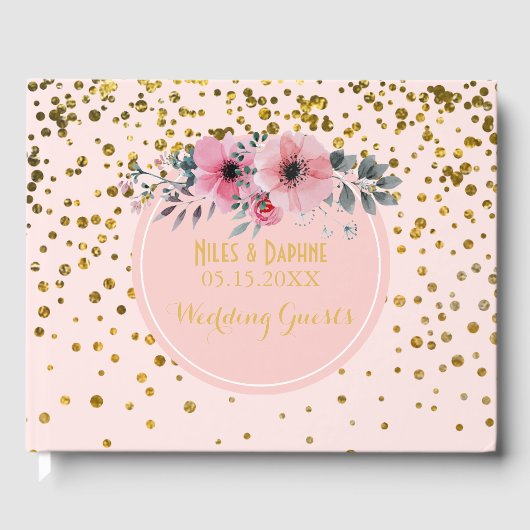 Elegante bruiloft | Blush Pink Floral Gold Confett Gastenboek (Voorkant)