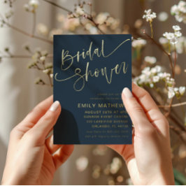 Elegante Bruiloft Borrel Blauwe & Gouden Calligraf Folie Uitnodiging