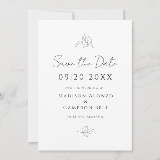 Elegante bruiloft botanische bladeren zwart wit ch save the date (Voorkant)
