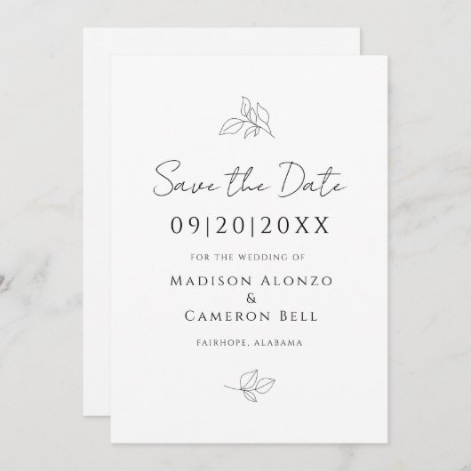Elegante bruiloft botanische bladeren zwart wit ch save the date (Voorkant / Achterkant)