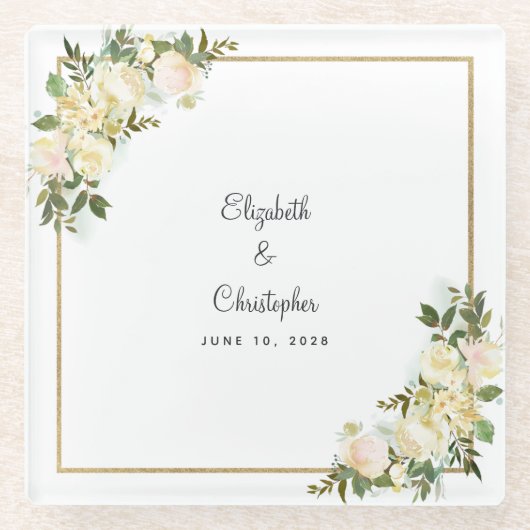 Elegante bruiloft bruid & bruidegom bloemige Rozen Glazen Onderzetter (Voorkant)