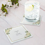 Elegante bruiloft bruid & bruidegom bloemige Rozen Glazen Onderzetter<br><div class="desc">Dit charmante en elegante ontwerp voor een aandenken aan een bruiloft heeft een romantisch wit vanille bruiloft roos met hints van blush roze of weergegeven in bladgroen op een klassieke witte achtergrond. Een trendy gouden kleur vierkant lijst zorgt voor een sprankelende touch. Personaliseer trouwdetails met uw namen en trouwdatum in...</div>