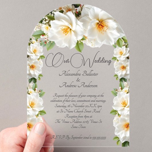 Elegante bruiloft Camelias Witte gele bloemen Acryl Uitnodigingen