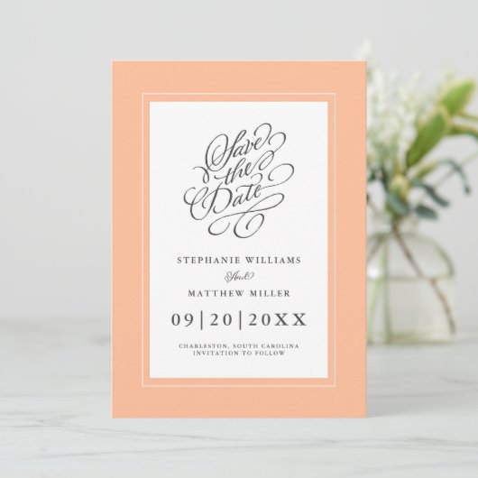 Elegante bruiloft chique kalligrafie trendy perzik save the date (Staand voorkant)