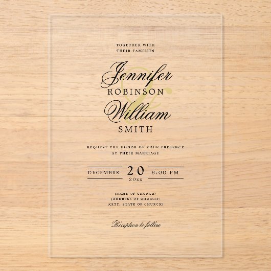 Elegante bruiloft Classy Script Typography Gold Acryl Uitnodigingen (Voorkant)