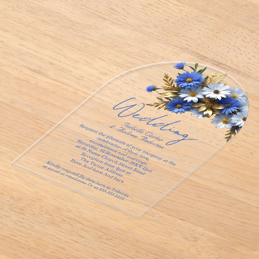 Elegante bruiloft Cornflower Blauw Wit Goud Acryl Uitnodigingen (Laagn)